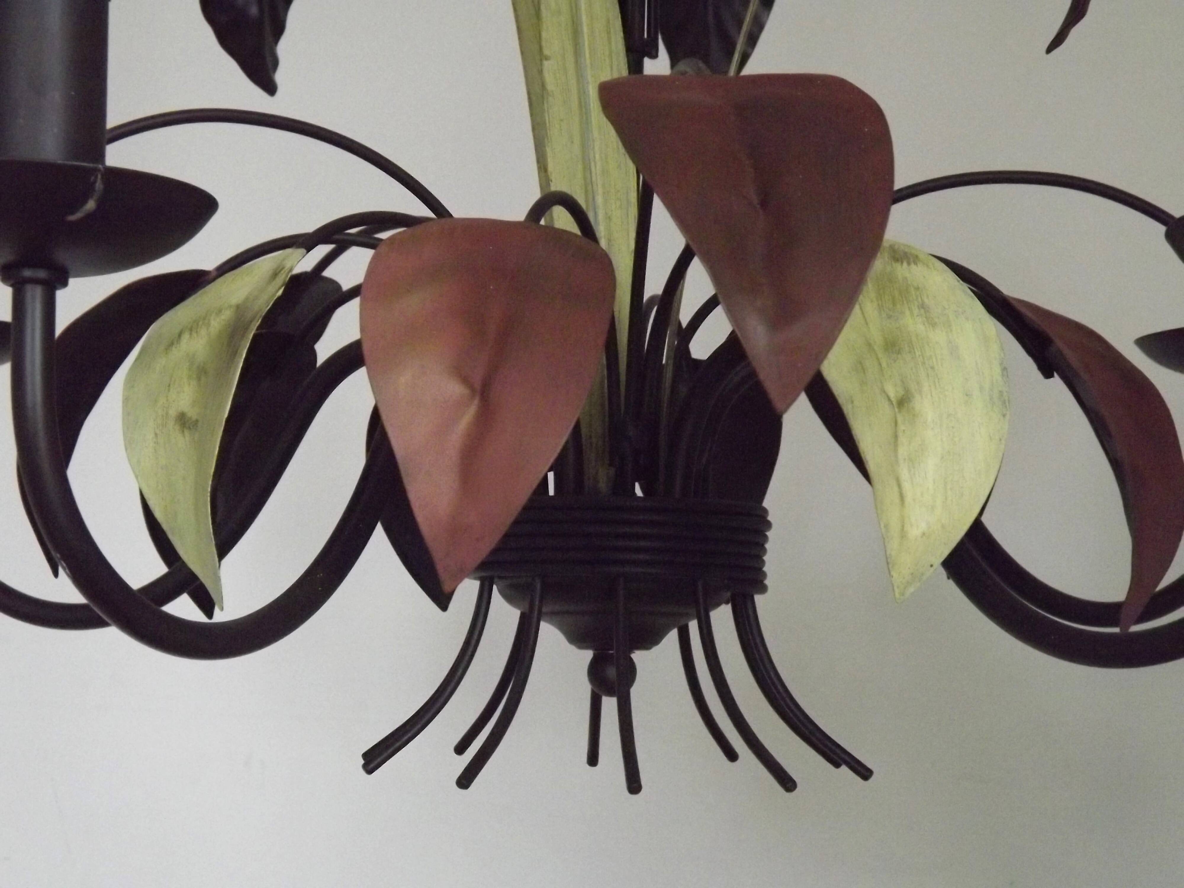 French Vintage 5 Light Brown & Green Tied Boquet Leaf Chandelier