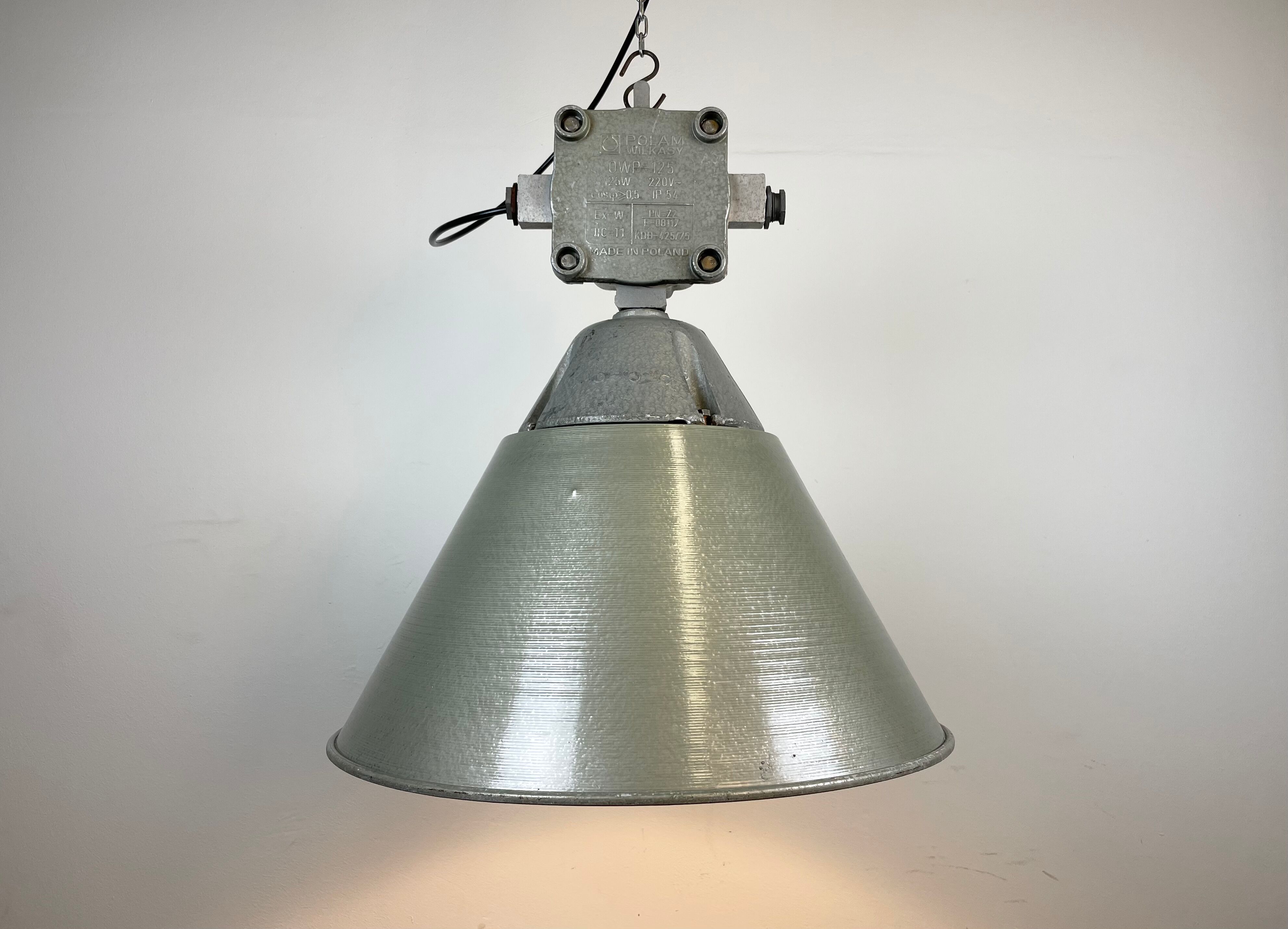 Industrial explosion proof lamp with aluminium shade from polam, 1970s