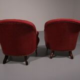 Pair of French red fabric button back armchairs