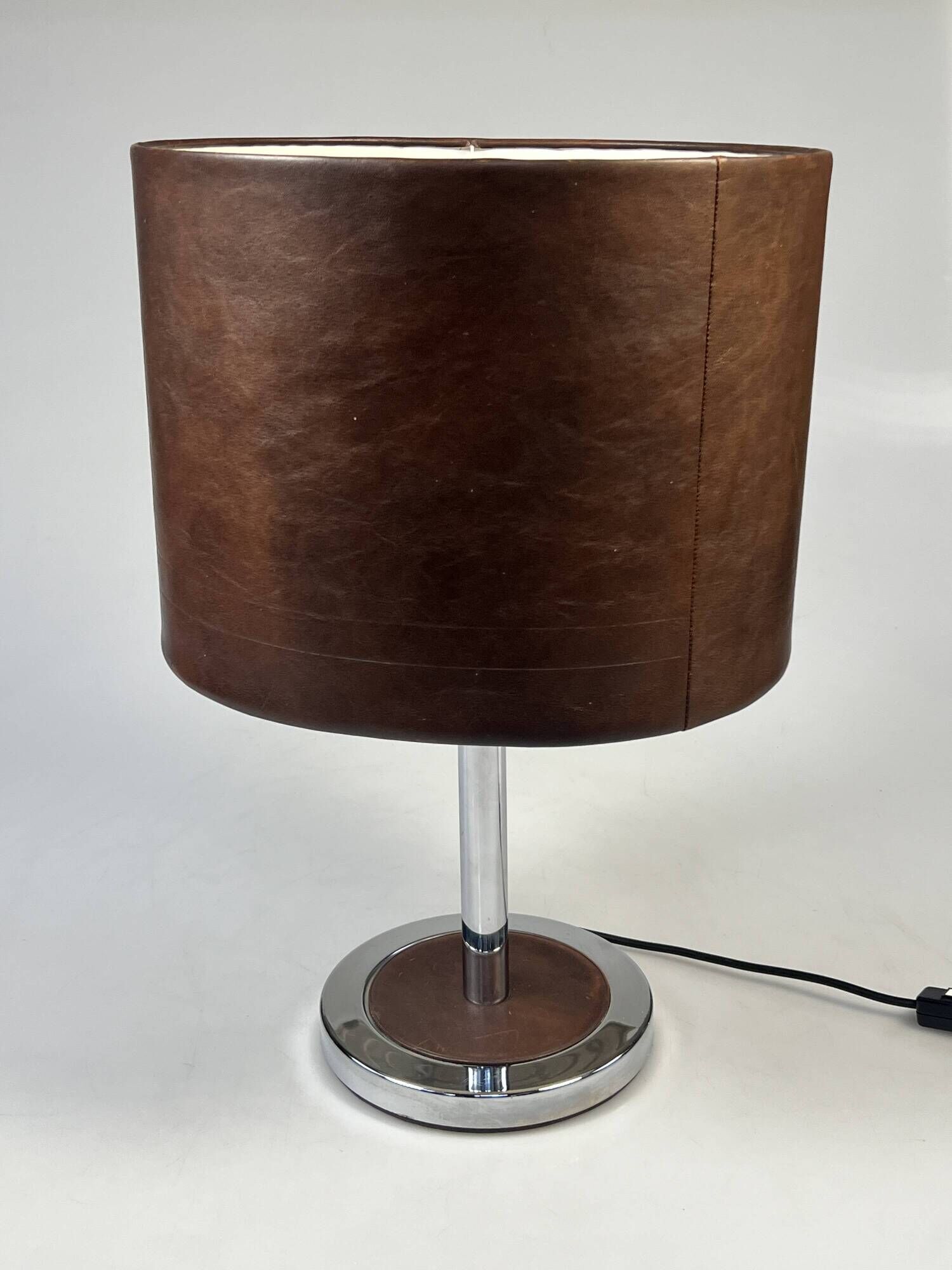Vintage Table Lamp, Chromed Base and Leather Shade. 1970's