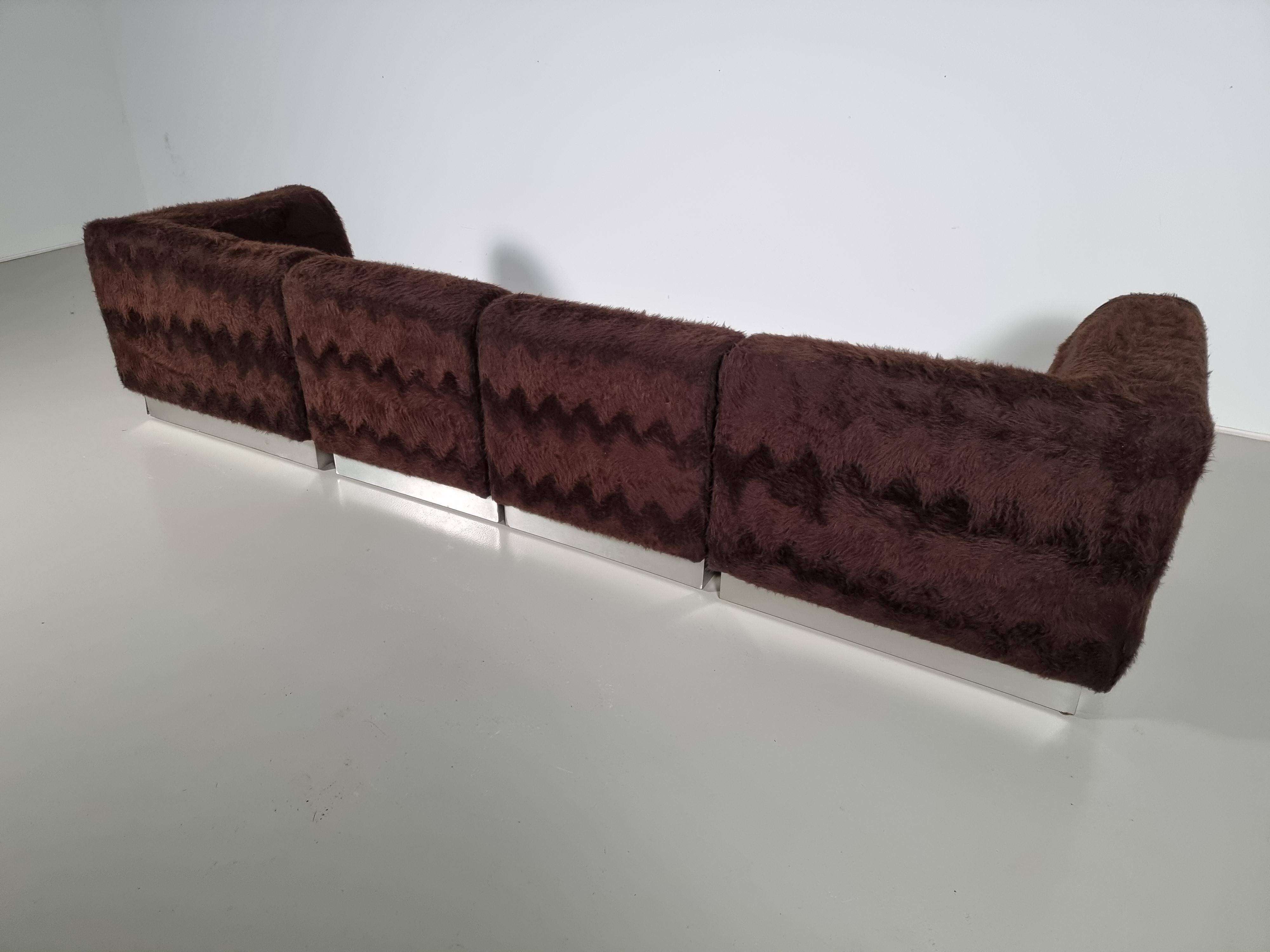 Vintage Italian chrome sectional sofa with faux fur, 1970s.