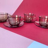 4 Arcoroc coffee cups and saucers in black transparent glass