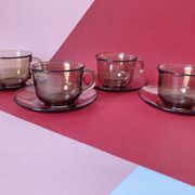 4 Arcoroc coffee cups and saucers in black transparent glass