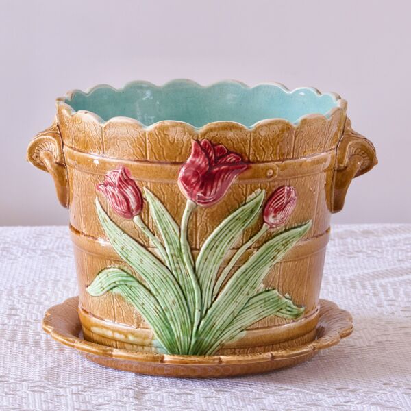 Grand cache-pot en barbotine de Wasmuel Art Nouveau XIXe