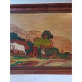 Wooden table, varnished painting signed Clavere.