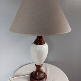 Table lamp with wooden and alabaster base, fabric lampshade