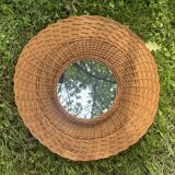 Large vintage mirror 1970 in woven wood, wicker rattan diameter 54 cm