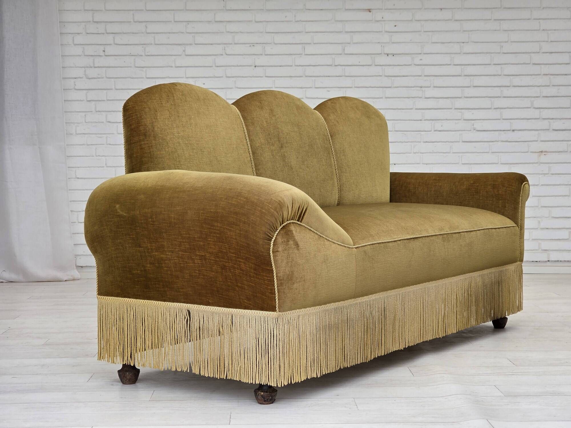 1950s, 2 seater sofa/daybed, light green furniture velour, ash wood legs.