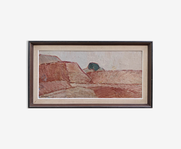 Peinture à l’huile de paysage abstrait vintage suédoise « Carrière rouge » moderne du milieu du siècle, encadrée