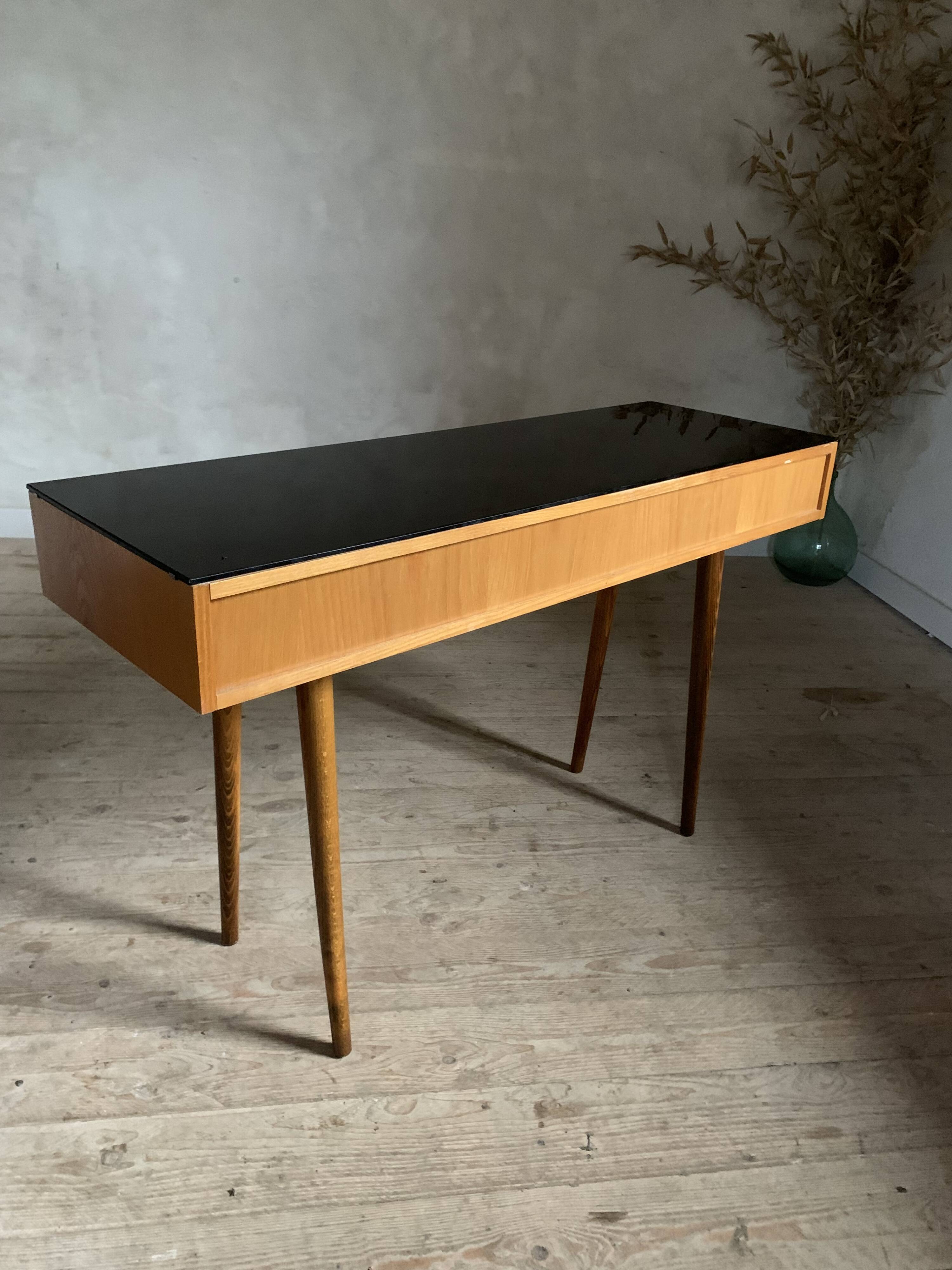Bureau vintage pied compas en chêne