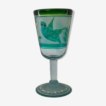 Verre cristal à décors oiseaux Hiboux givré émaux et peinture anonyme XIX début XXe