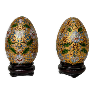 Golden metal eggs in cloisonné enamels - Décor Thousand flowers, foliage - China early twentieth century