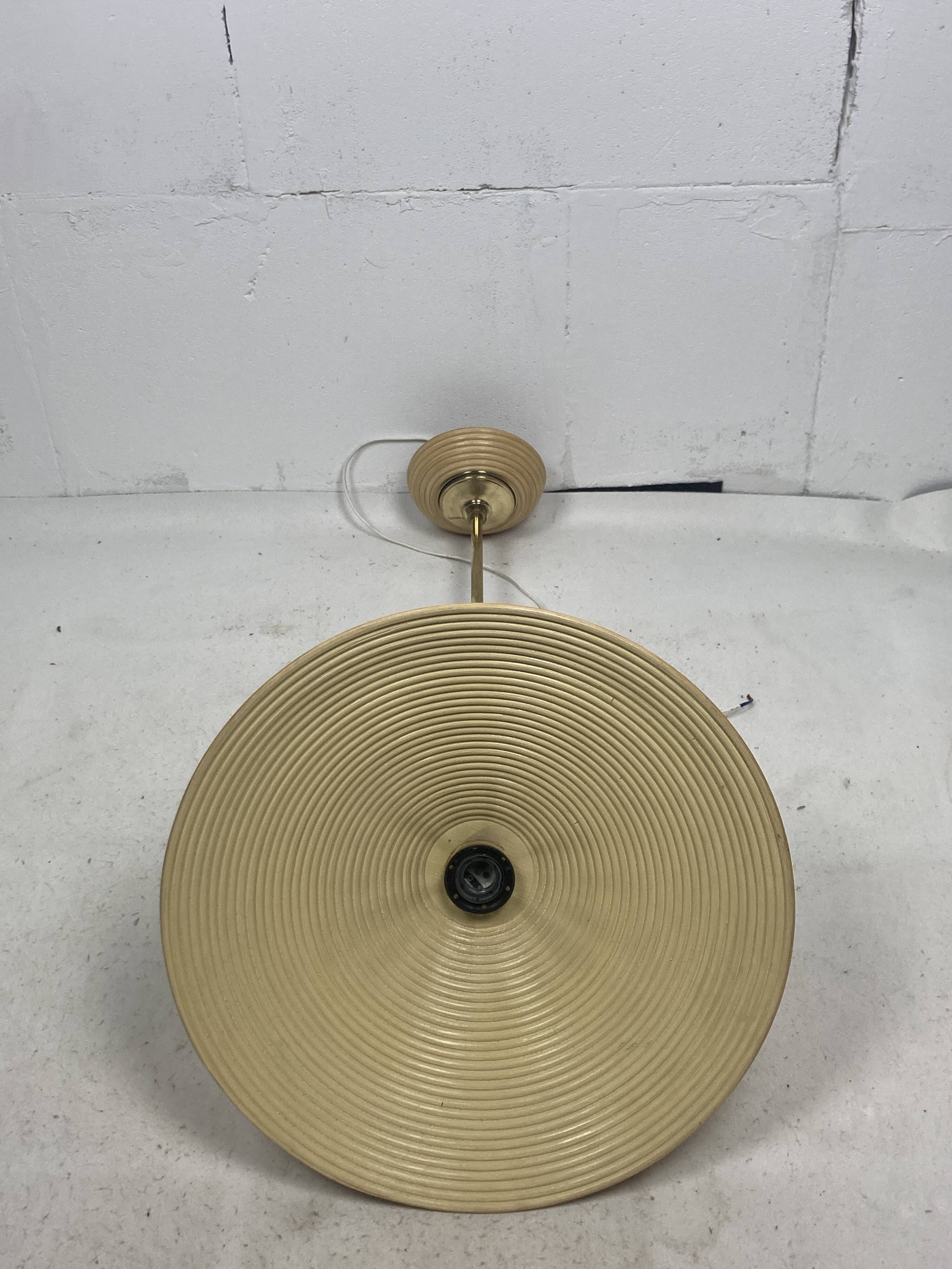 Telescopic brass and pencil reed rattan bamboo hanging pendant lamp, Italy 1970s