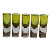 Set of 5 green glass liqueur glasses