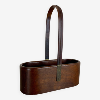 Teak Bottle Holder with Brass and Leather Handle by Carl Auböck, Austria, 1950s