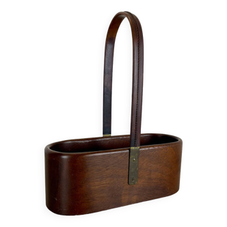 Teak Bottle Holder with Brass and Leather Handle by Carl Auböck, Austria, 1950s