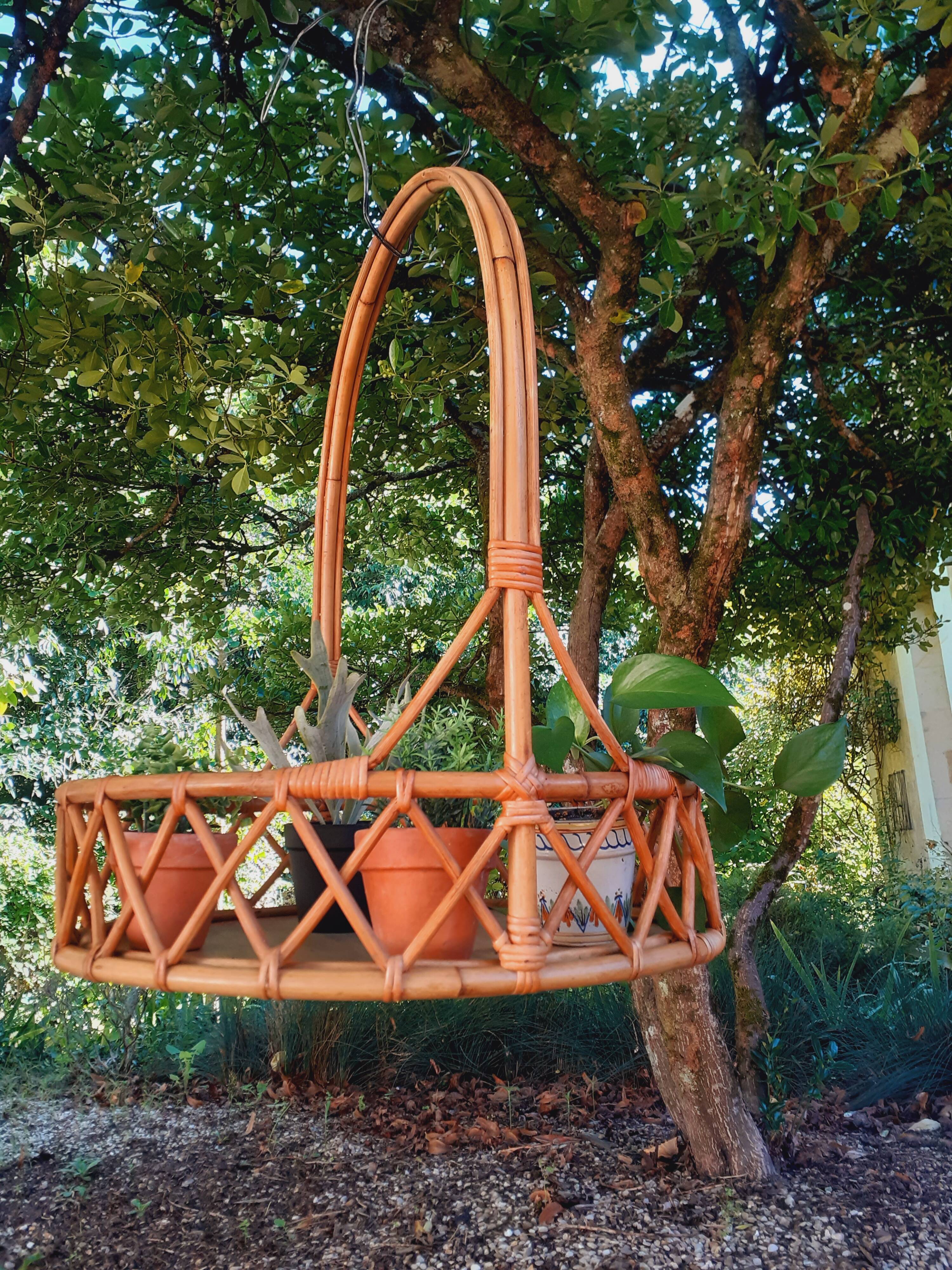 60s rattan hanging planter