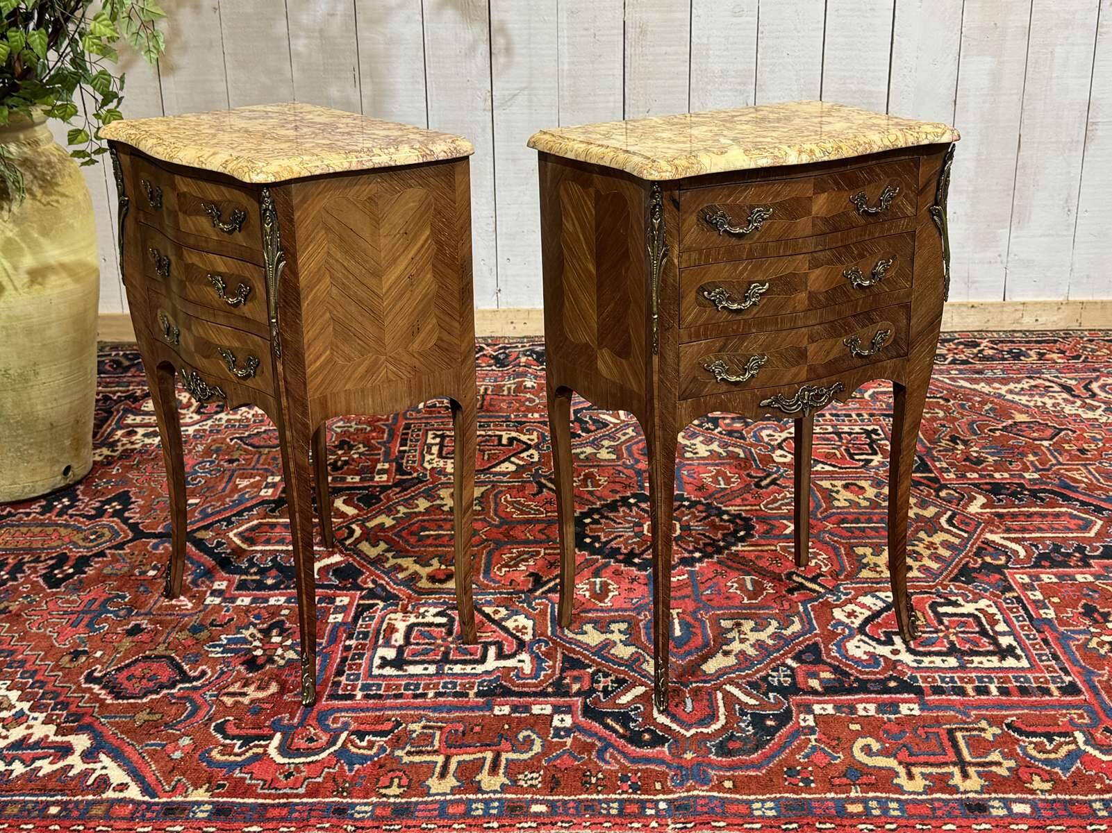 Pair of bedside tables in Louis XV style made of rosewood, oak, and marble top.