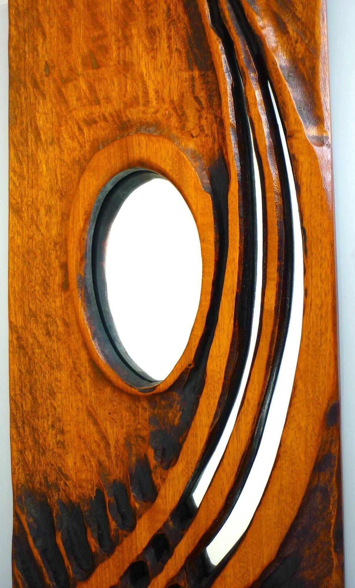 Carved wooden mirror, signed P. Guallino, "le passage", brutalist design from the 80s