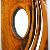 Carved wooden mirror, signed P. Guallino, "le passage", brutalist design from the 80s