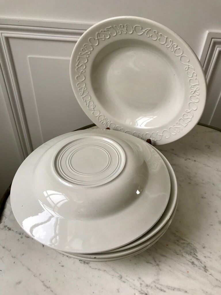 Set of 6 hollow plates Digoin Sarreguemines model Alphabet relief white 40s