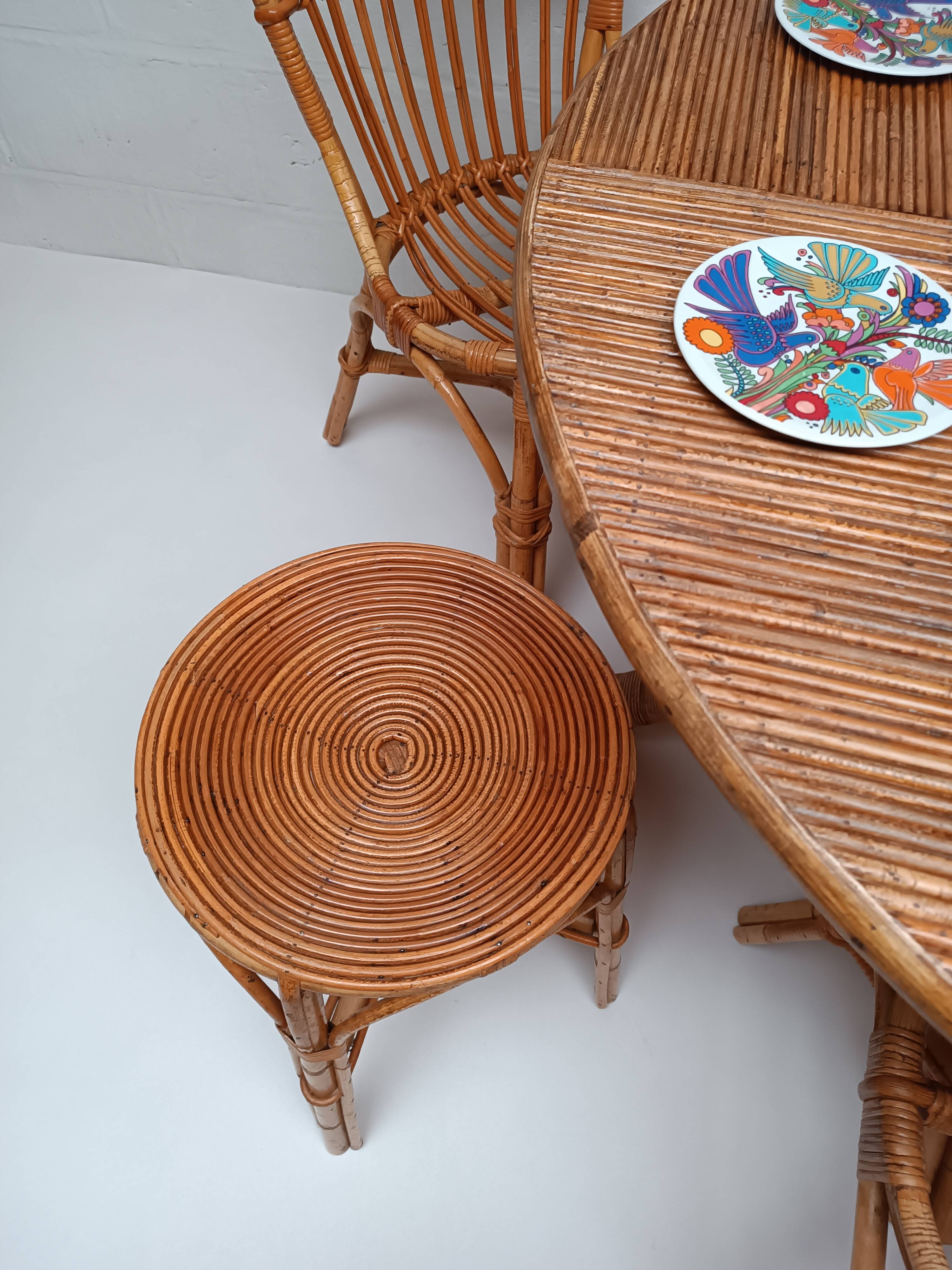 Bamboo table with extensions, 3 chairs and 3 stools from the 1960s.