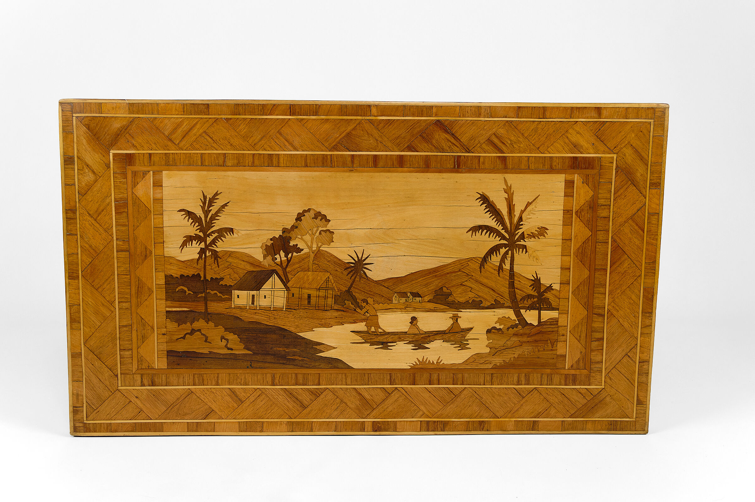 African Midcentury coffee table in inlaid wood, circa 1960