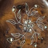 Wooden thuya catchall enhanced with metal wire and mother-of-pearl.