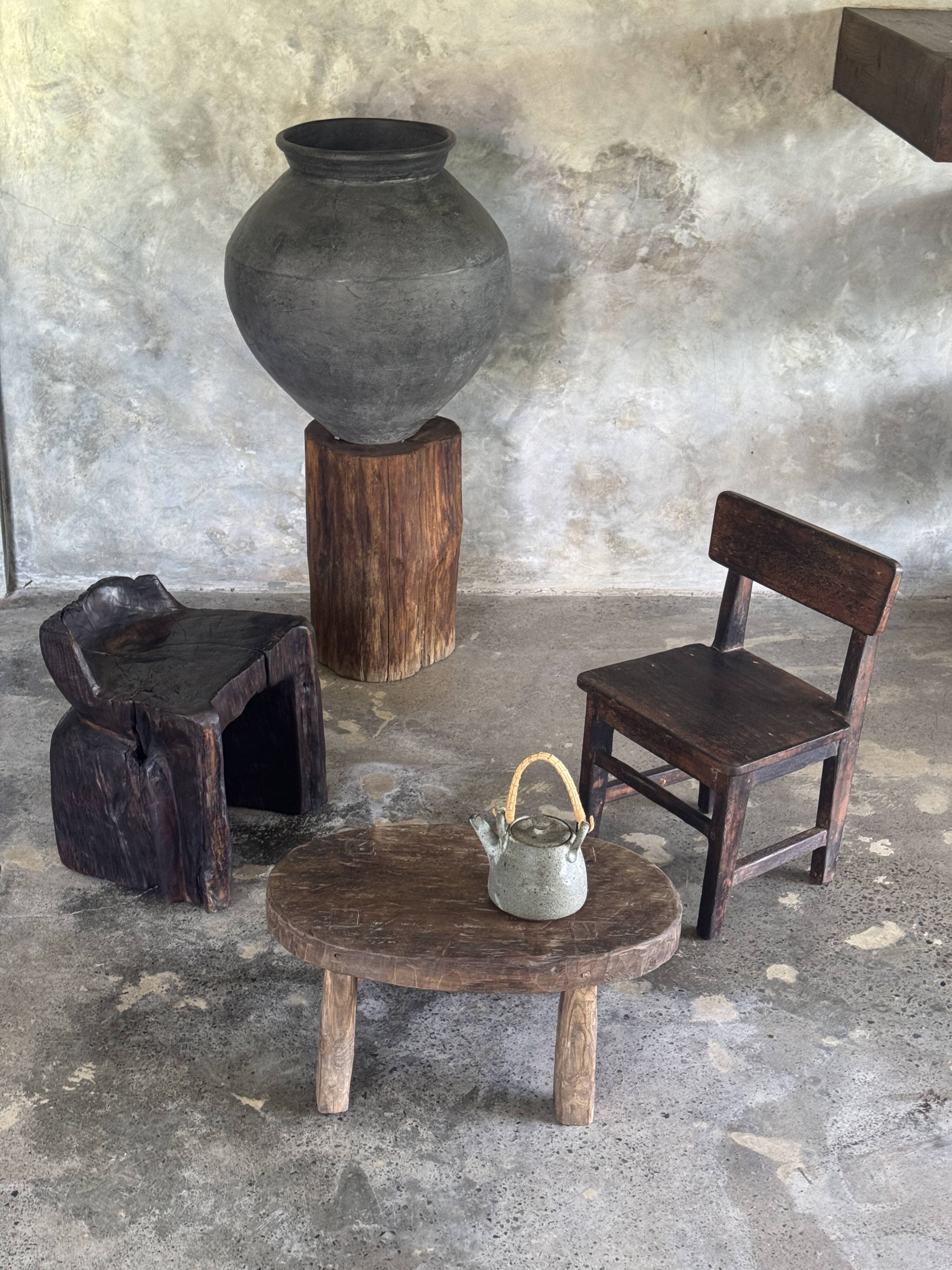 Small stool or small oval side table in solid teak wabi-sabi H24 53