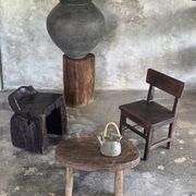 Small stool or small oval side table in solid teak wabi-sabi H24 53