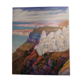 Painting has vintage oil landscape of Greek Ile de Santorini