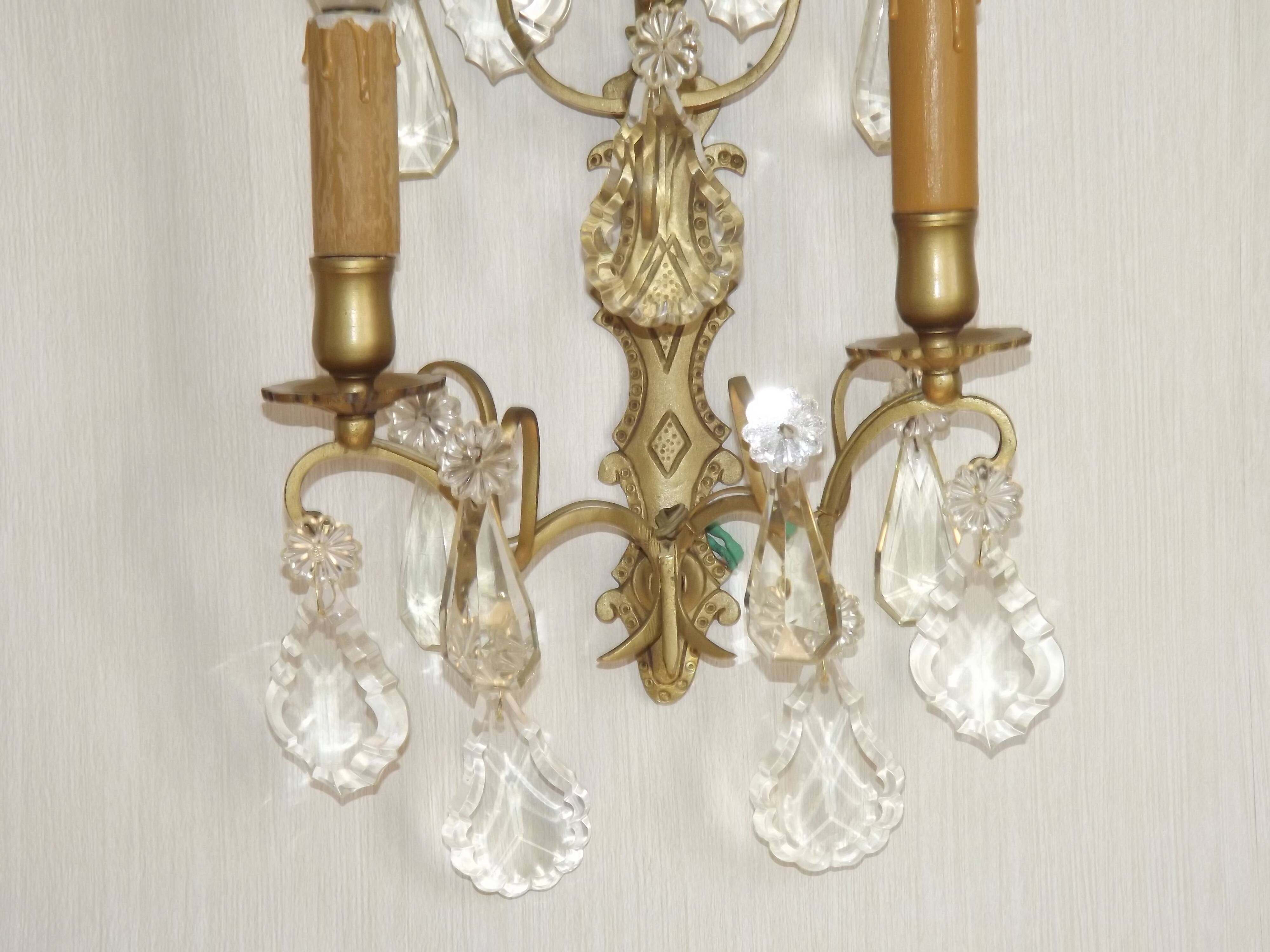Grande paire d'appliques murales françaises vintage en bronze avec cristaux assortis 5514