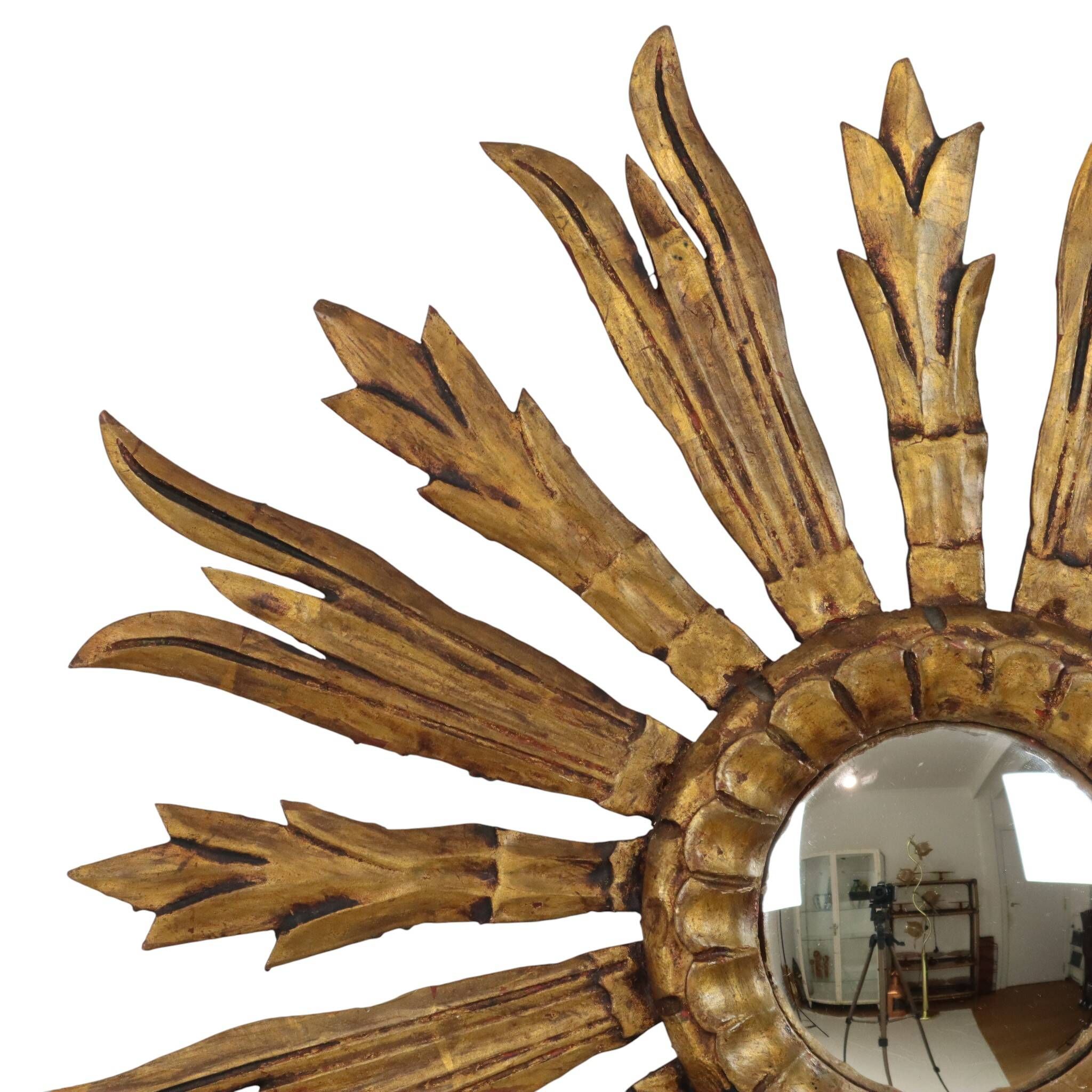 Old Wooden Sun Mirror Sunburst Mirror Gold Fifties 70cm