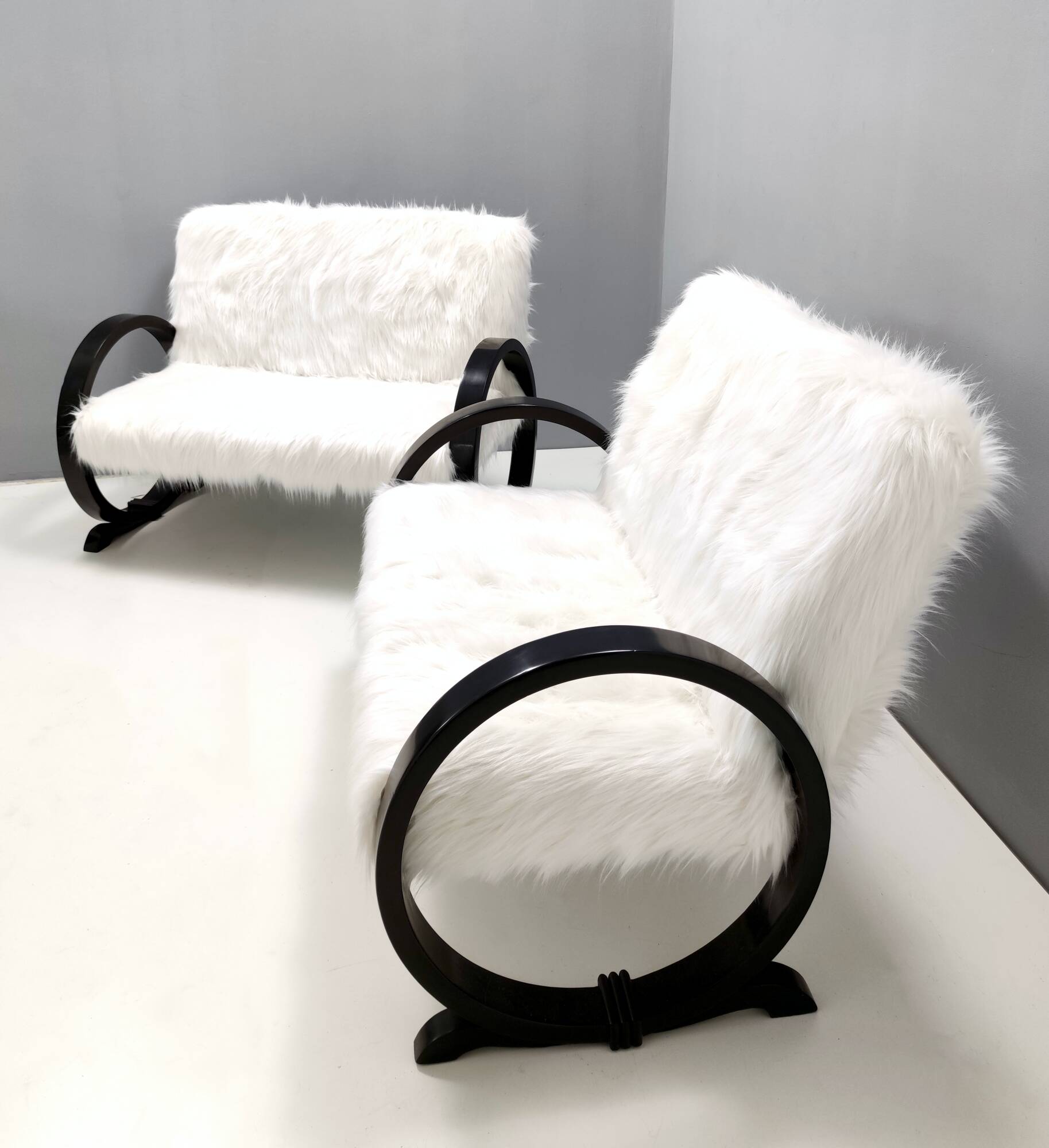 Vintage White Faux Fur Sofa with Black Wooden Frame, Italy
