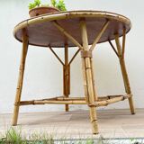 Vintage rattan and oak round coffee table