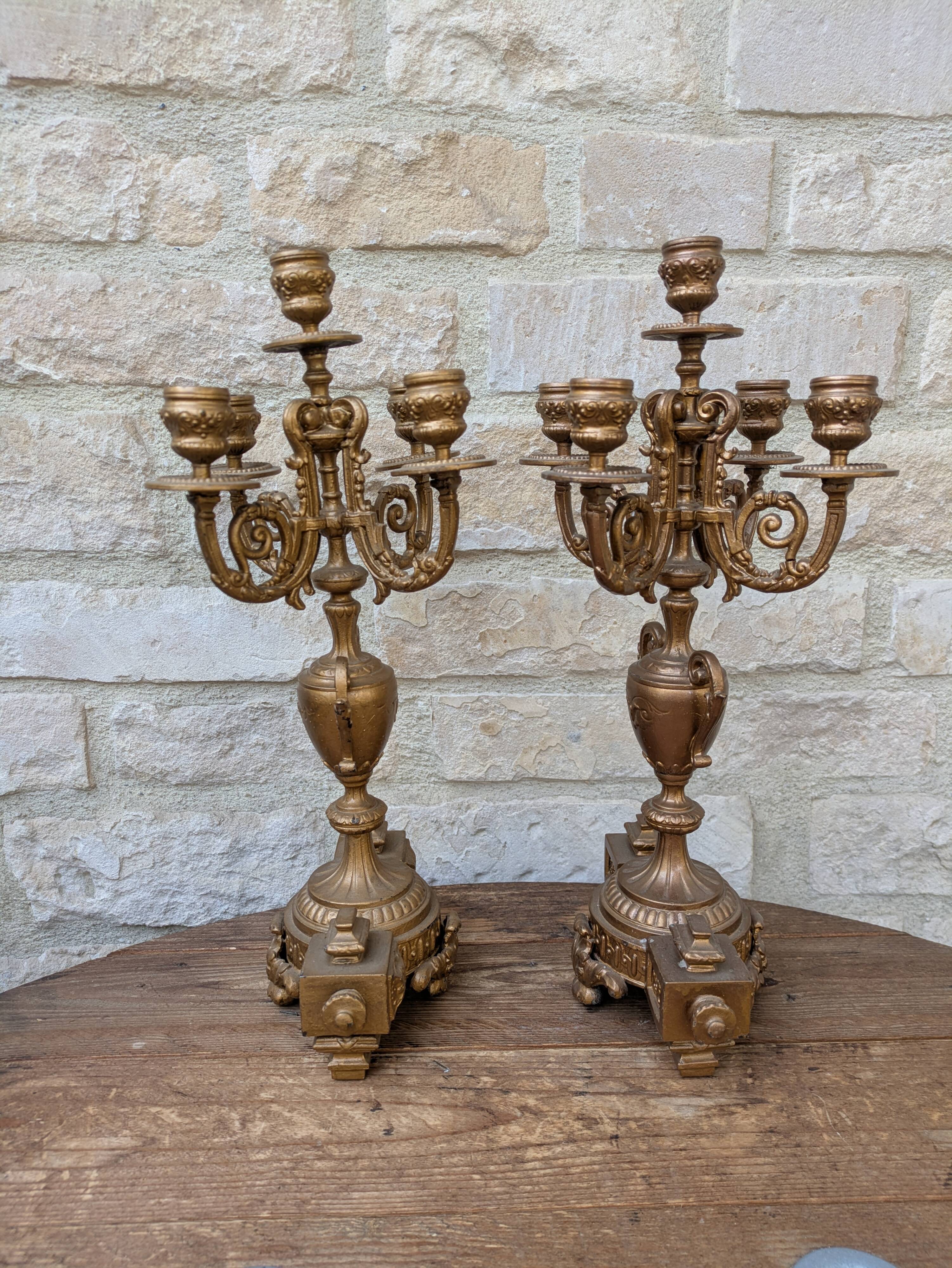 Pair of metal candelabra candle holders with 5 branches, 41cm