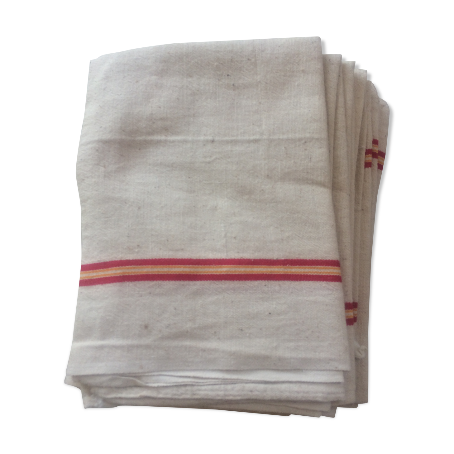 8 off-white towels with thin red and yellow stripes