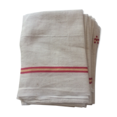 8 off-white towels with thin red and yellow stripes