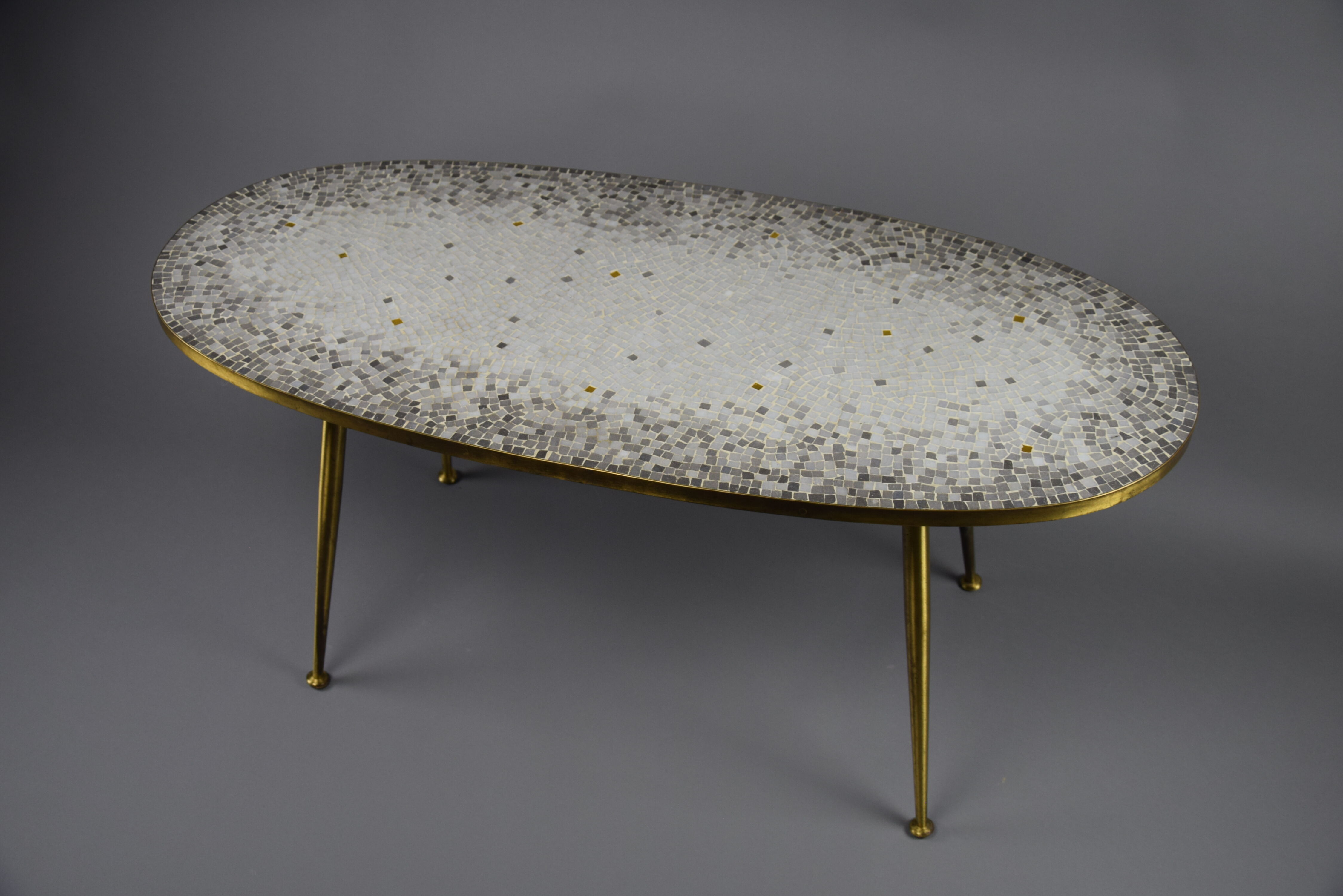 Brass Mid century Oval Coffee Table with Grey Glass Mosaic and Gold Highlights