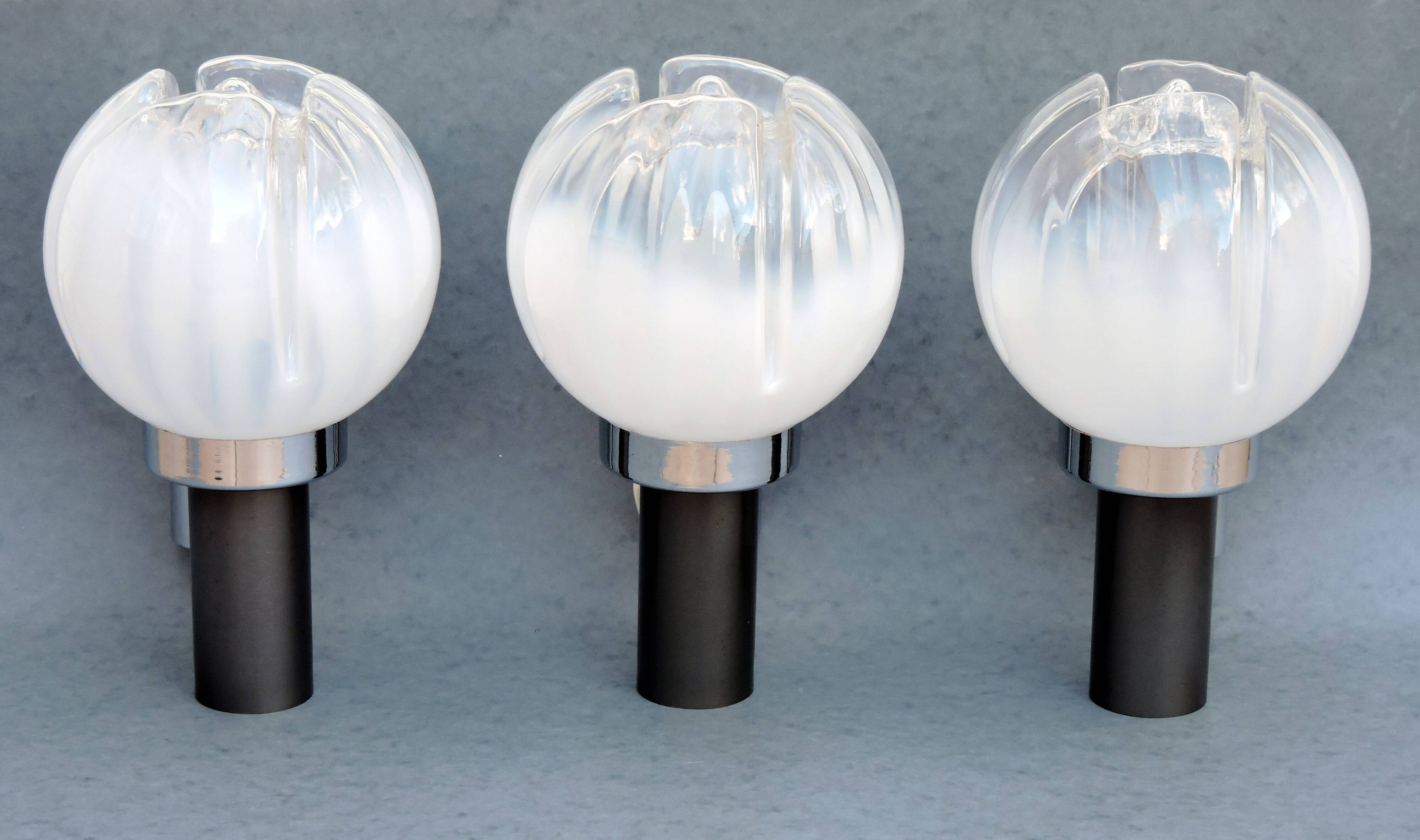 Three vintage wall lamps mazzega opalescent murano italy, year 70