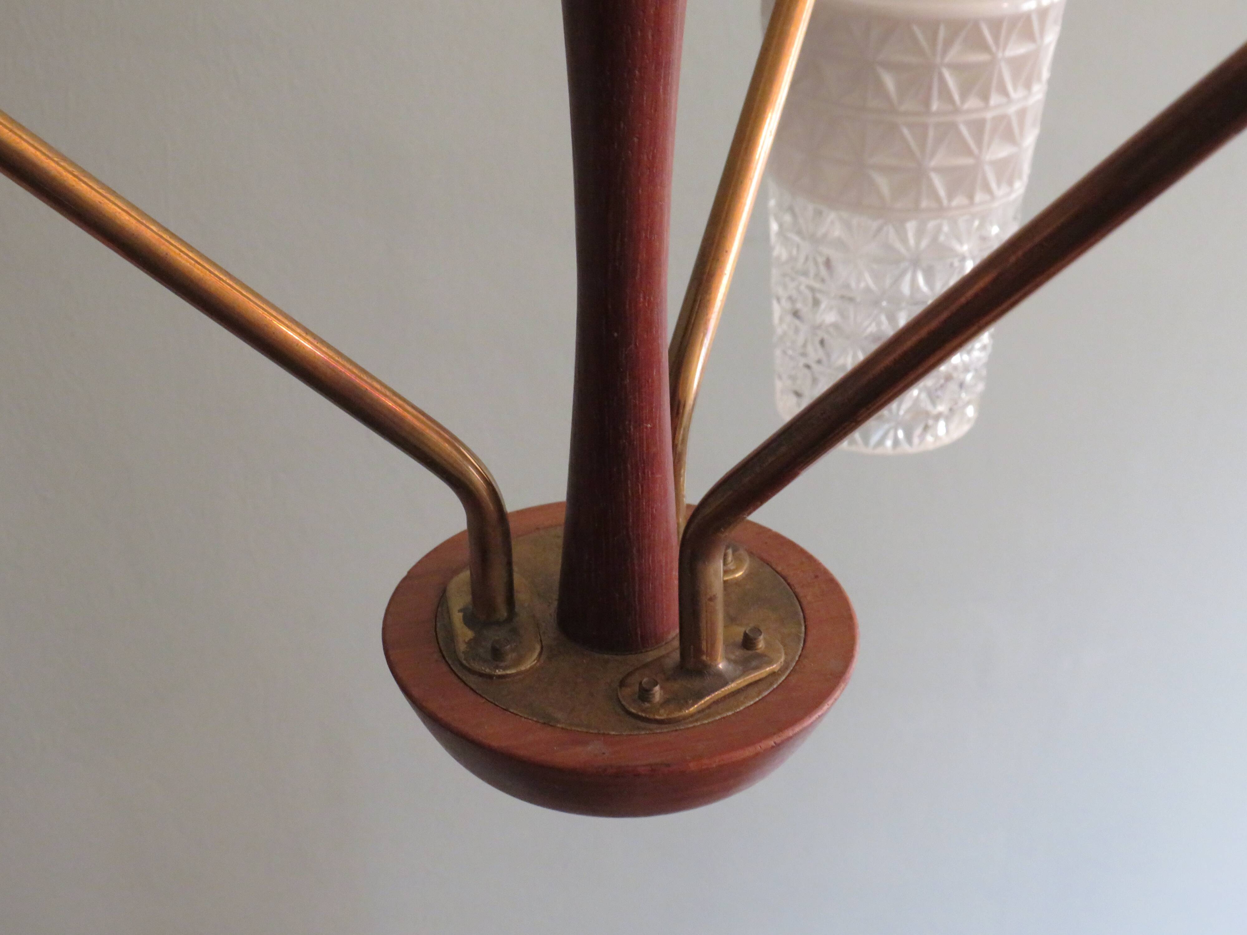 Scandinavian 3-arm chandelier, teak, brass and 1960 glass