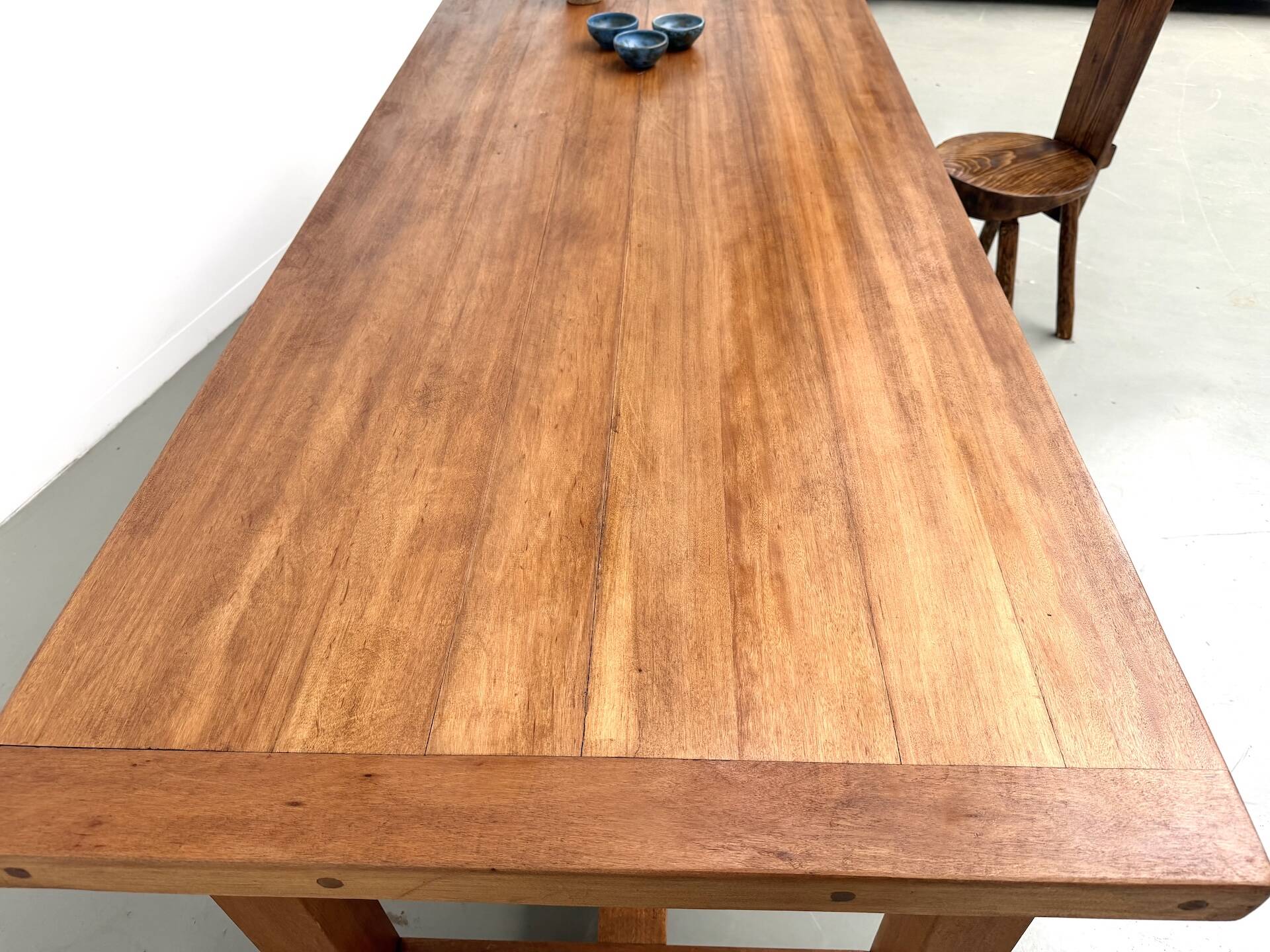 Large modernist farmhouse table in solid beech, thick dowelled top.