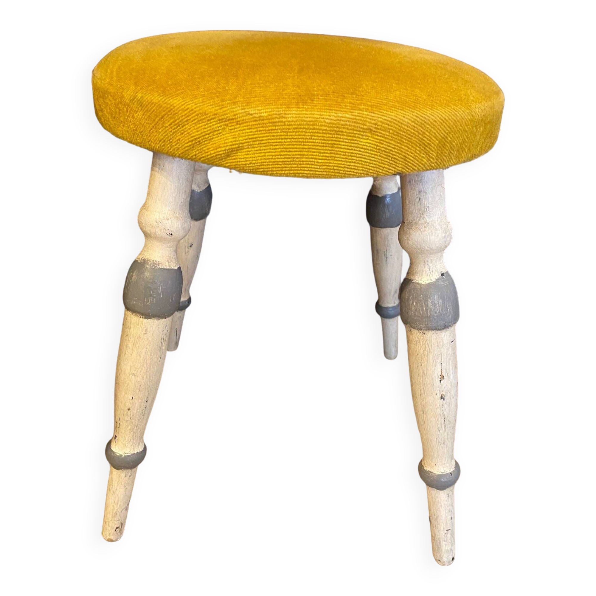 Old stool early 20th century wooden legs and round padded seat