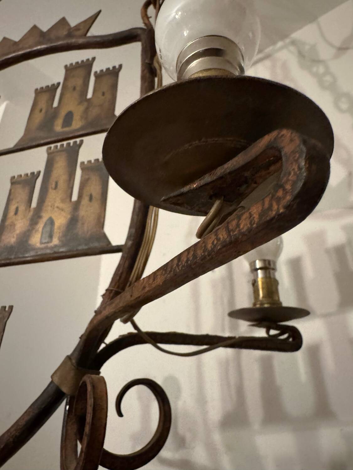 Medieval style heraldic wrought iron chandelier