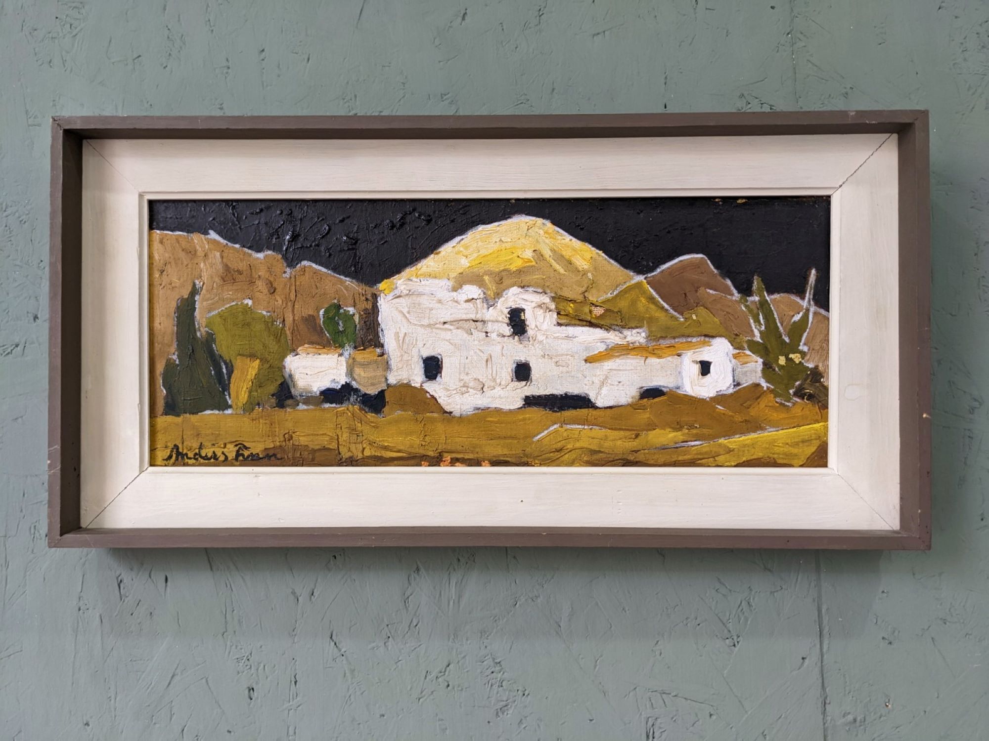 Mid-Century Modern Swedish Oil Painting "White Village" Vintage Framed Landscape