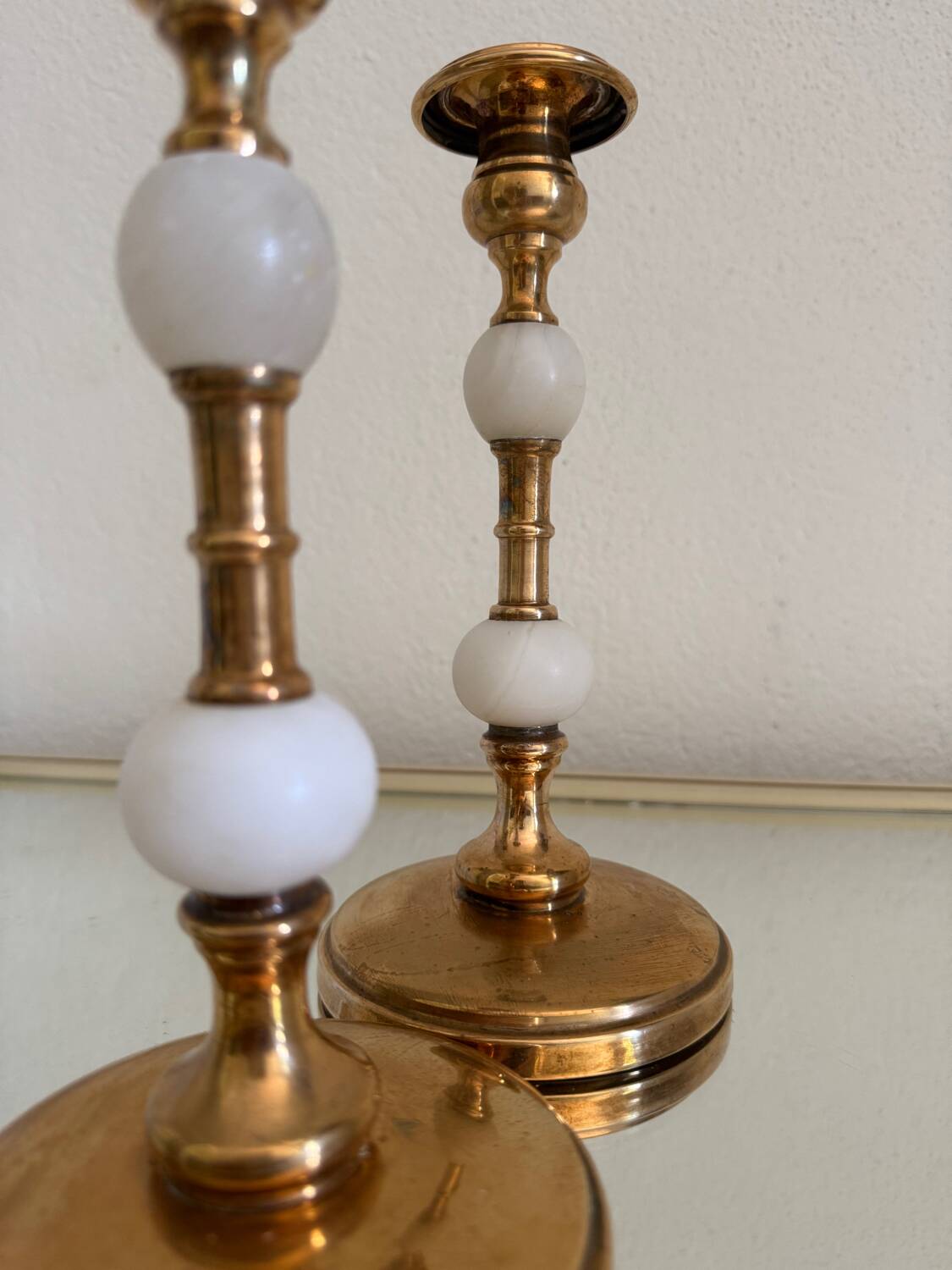 60s gold alabaster metal candlesticks