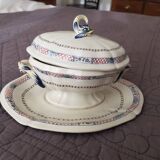 Antique sauceboat with lid in Gien earthenware, Rouen and dolphin decor