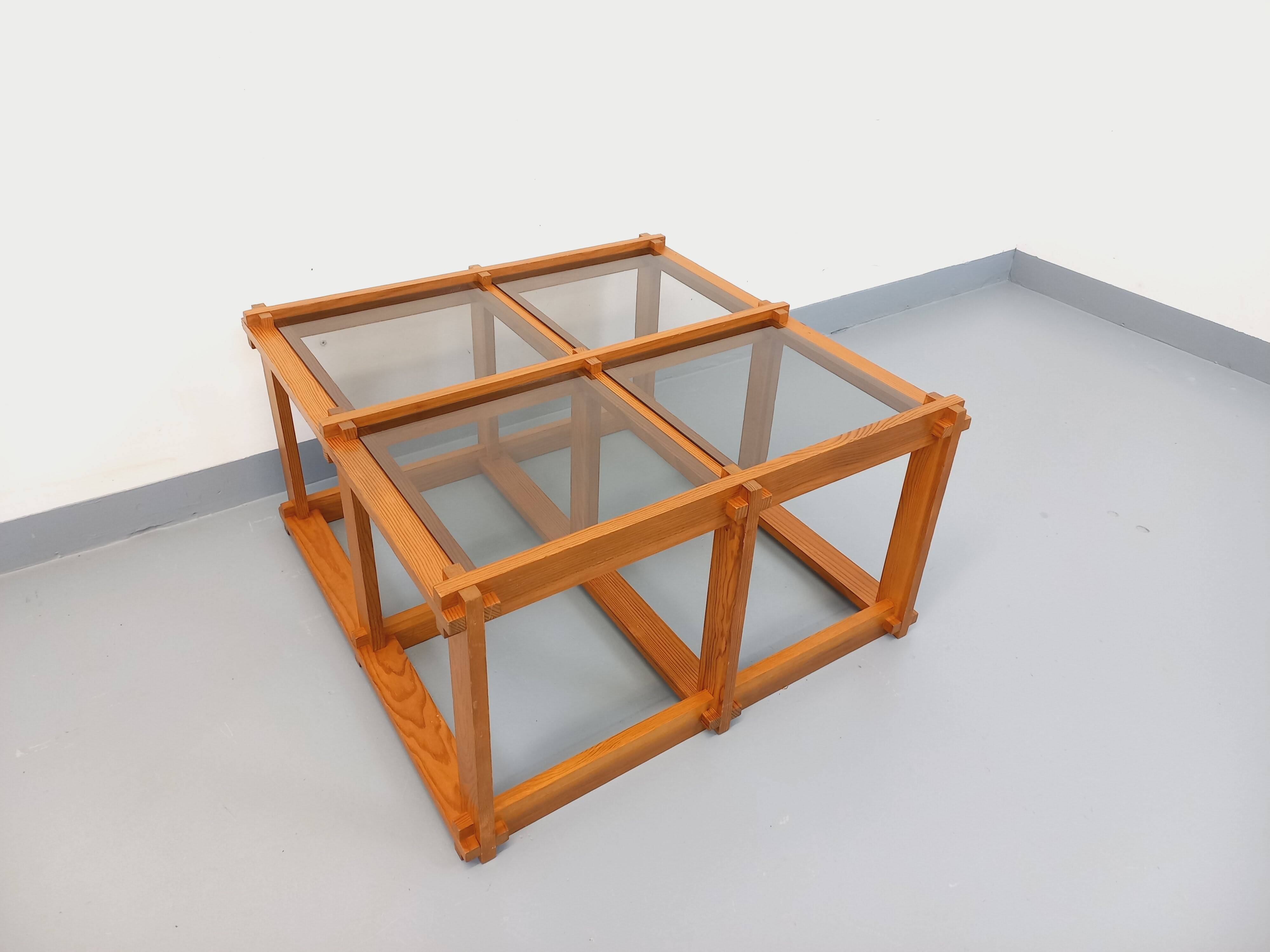Vintage square coffee table in pine and smoked glass from the 70s and 80s.