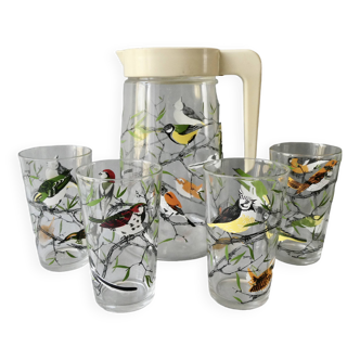 Carafe and its 4 BVB France glasses, bird decor, 1960s