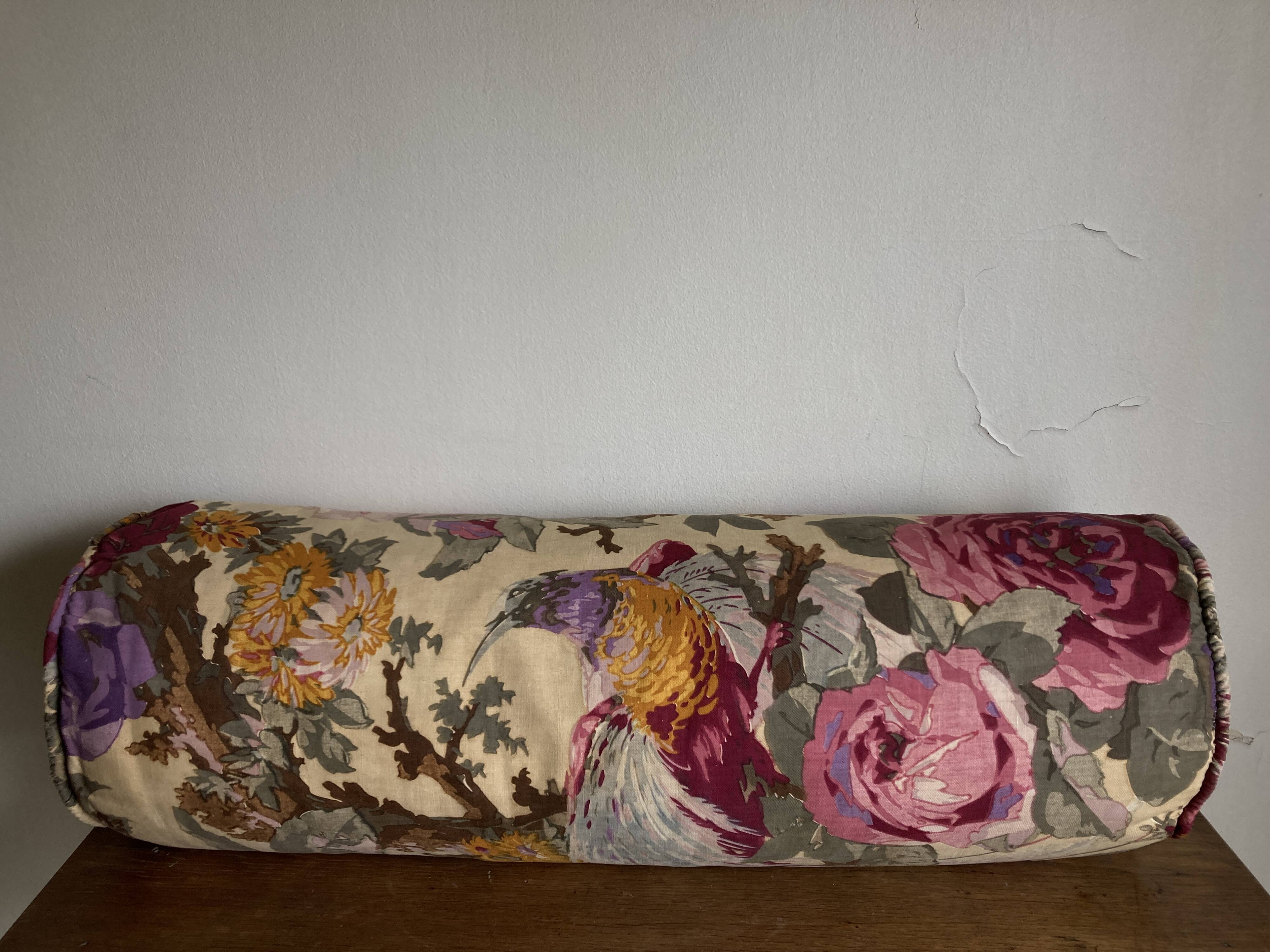 Coussin polochon de campagne en toile de lin 1950 à fleurs XL